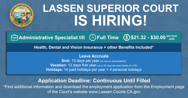 Lassen Superior Court is Hiring! Administrative Specialist I-II
