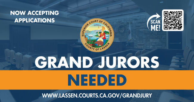 Graphic reading “Now accepting applications—Grand jurors needed,” with the Superior Court of California, County of Lassen seal, a QR code labeled “Scan me,” and the website “www.lassen.courts.ca.gov/grandjury”  over a blurred courtroom background.